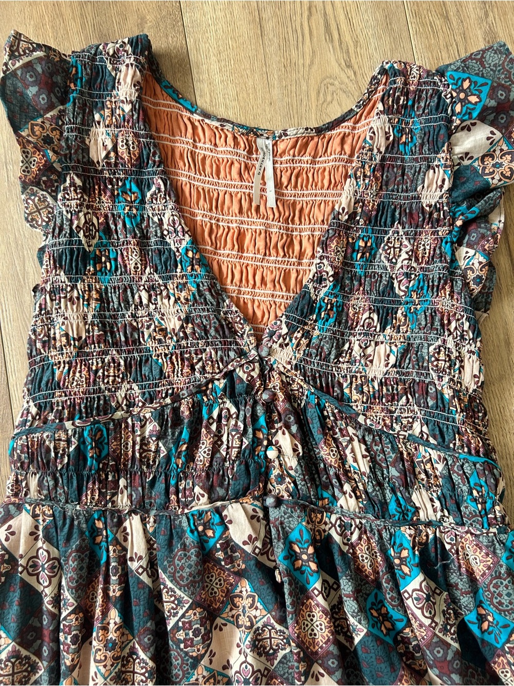 Anthropologie Patchwork Maxi Dress in Teal, Brown, Cream - Picture 2 of 6